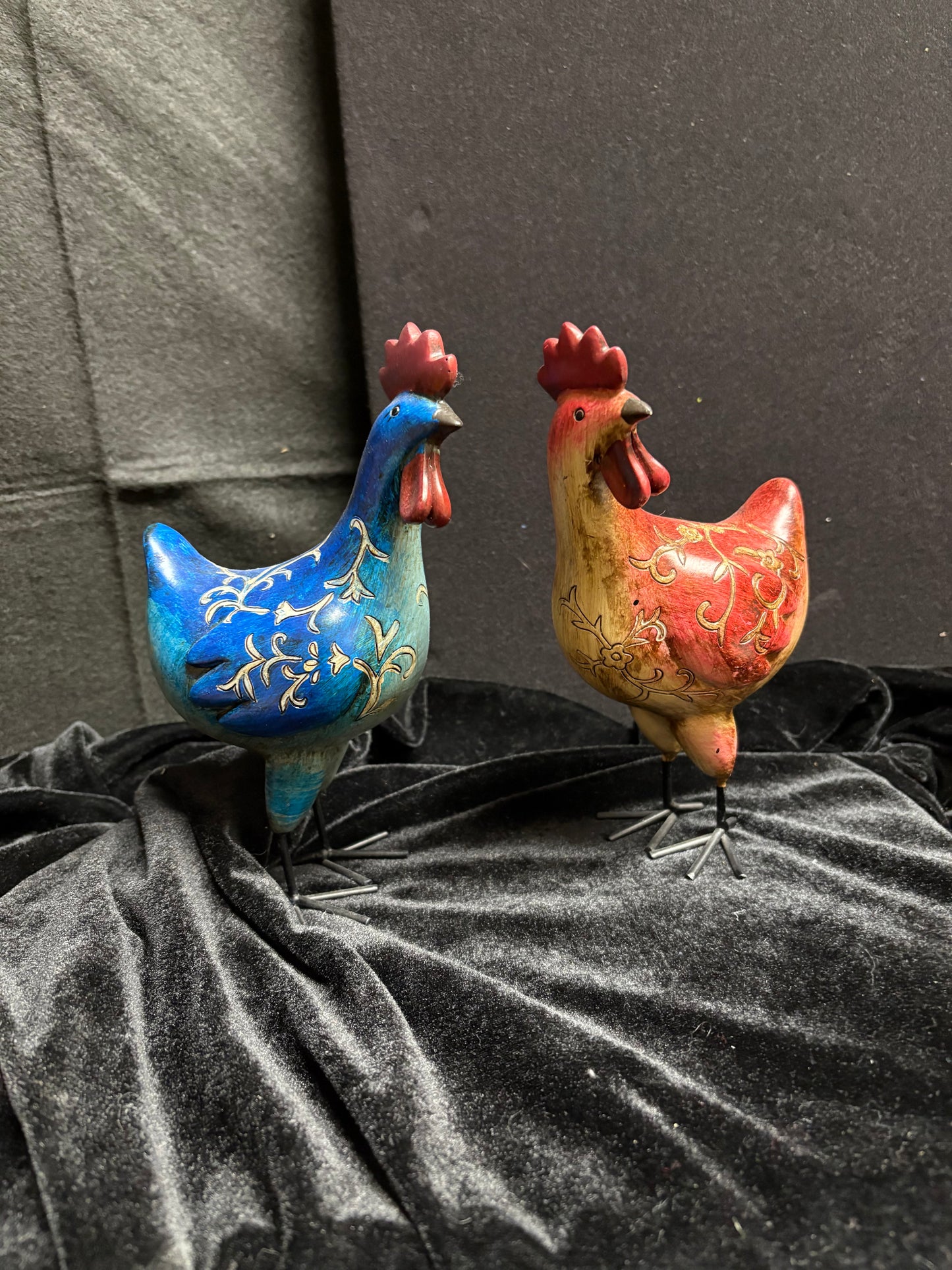 Blue and Red Wooden Chickens