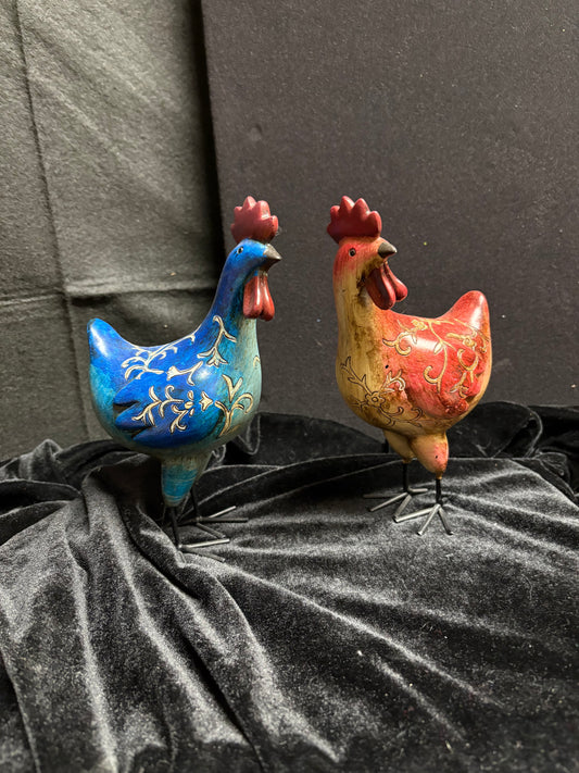 Blue and Red Wooden Chickens