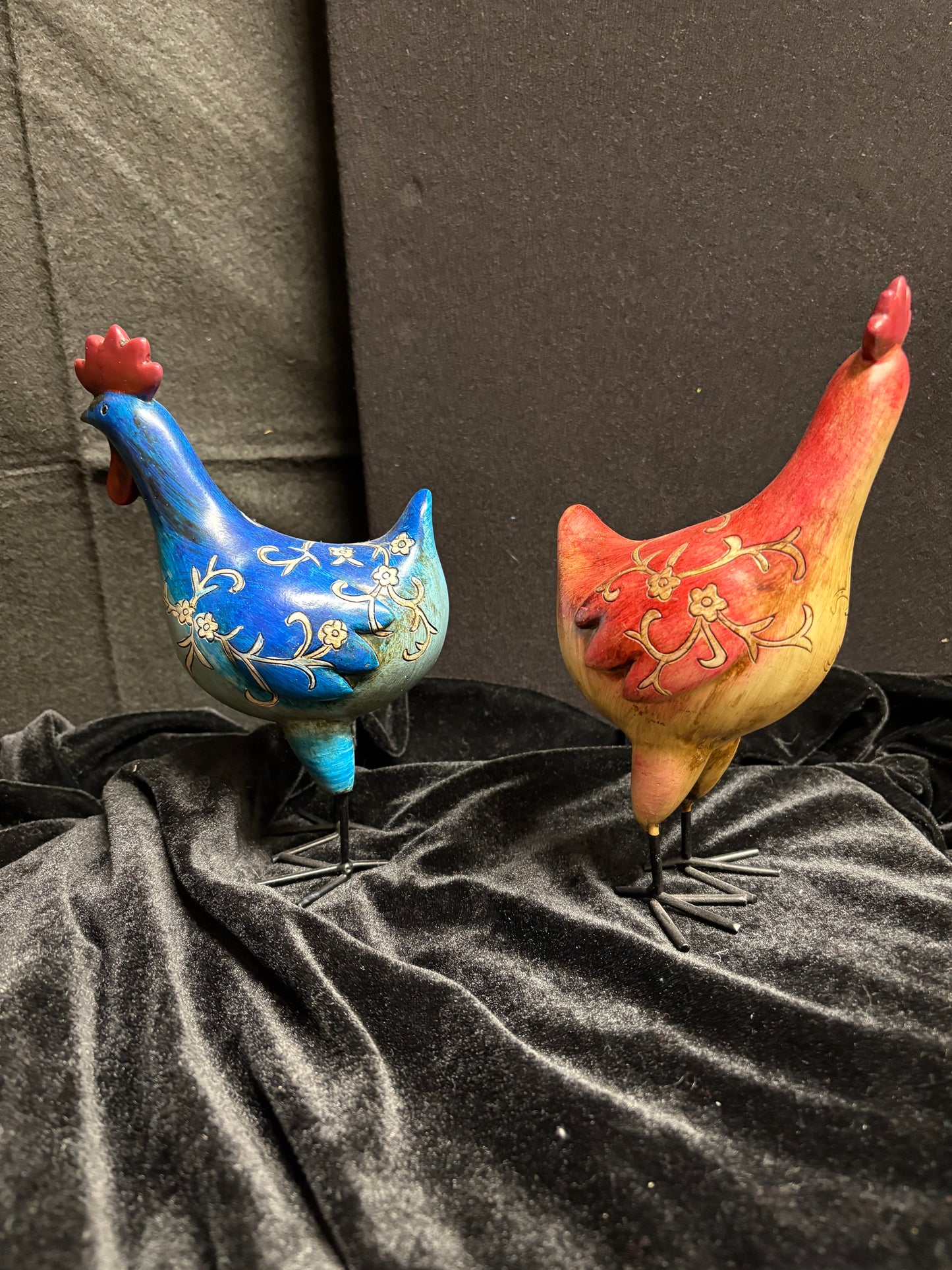 Blue and Red Wooden Chickens