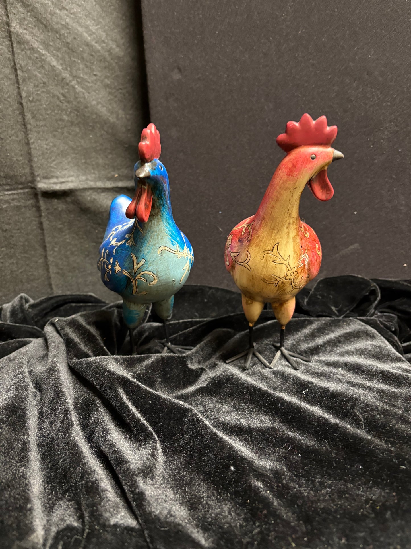 Blue and Red Wooden Chickens