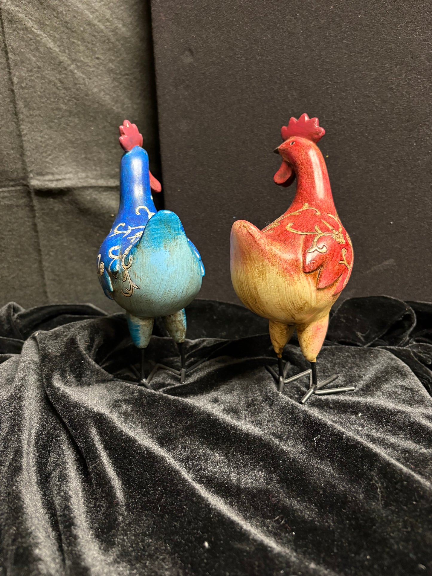 Blue and Red Wooden Chickens