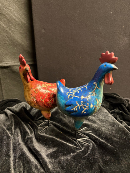 Blue and Red Wooden Chickens