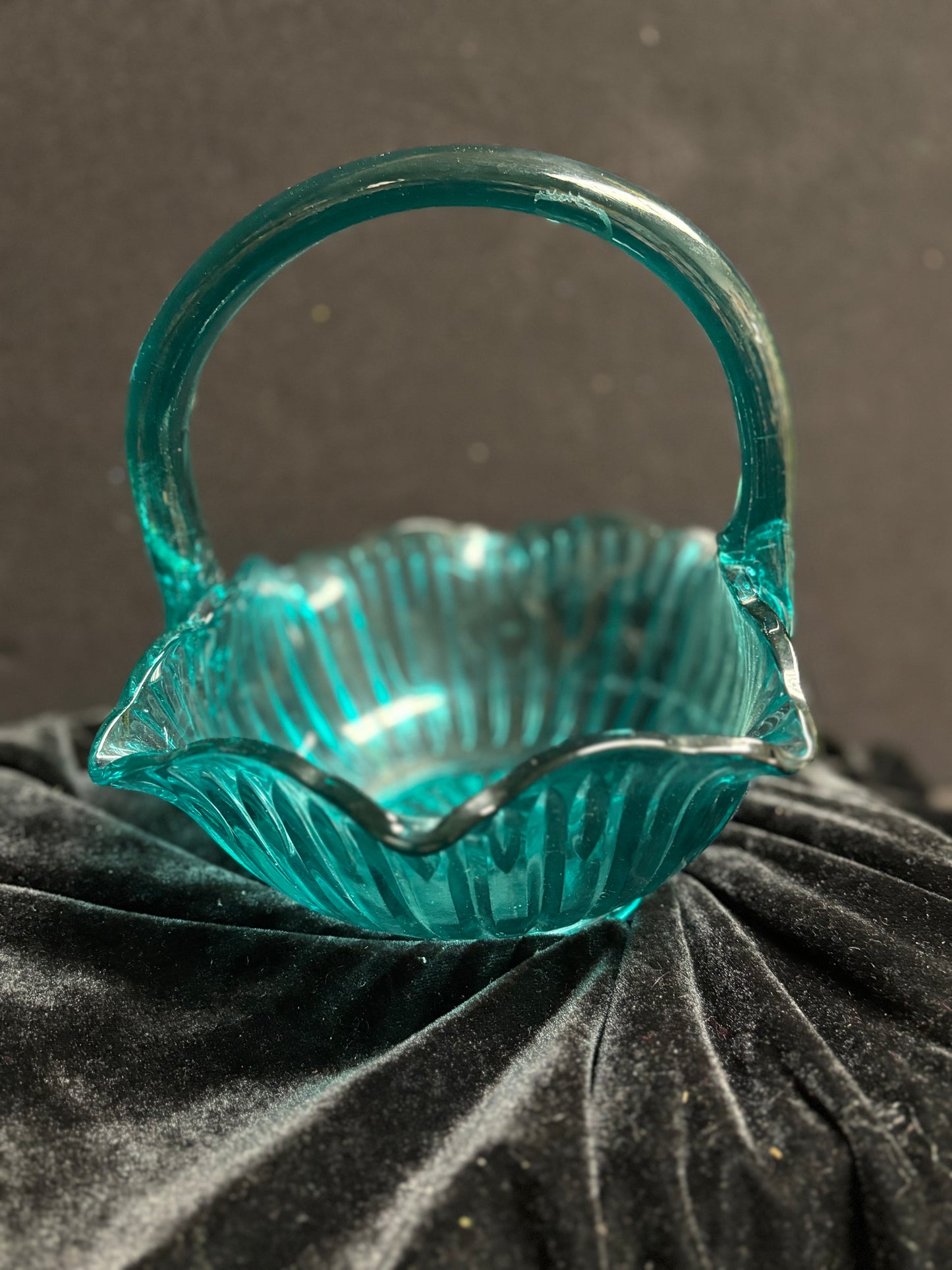 Green Glass Bowl with Glass Handle