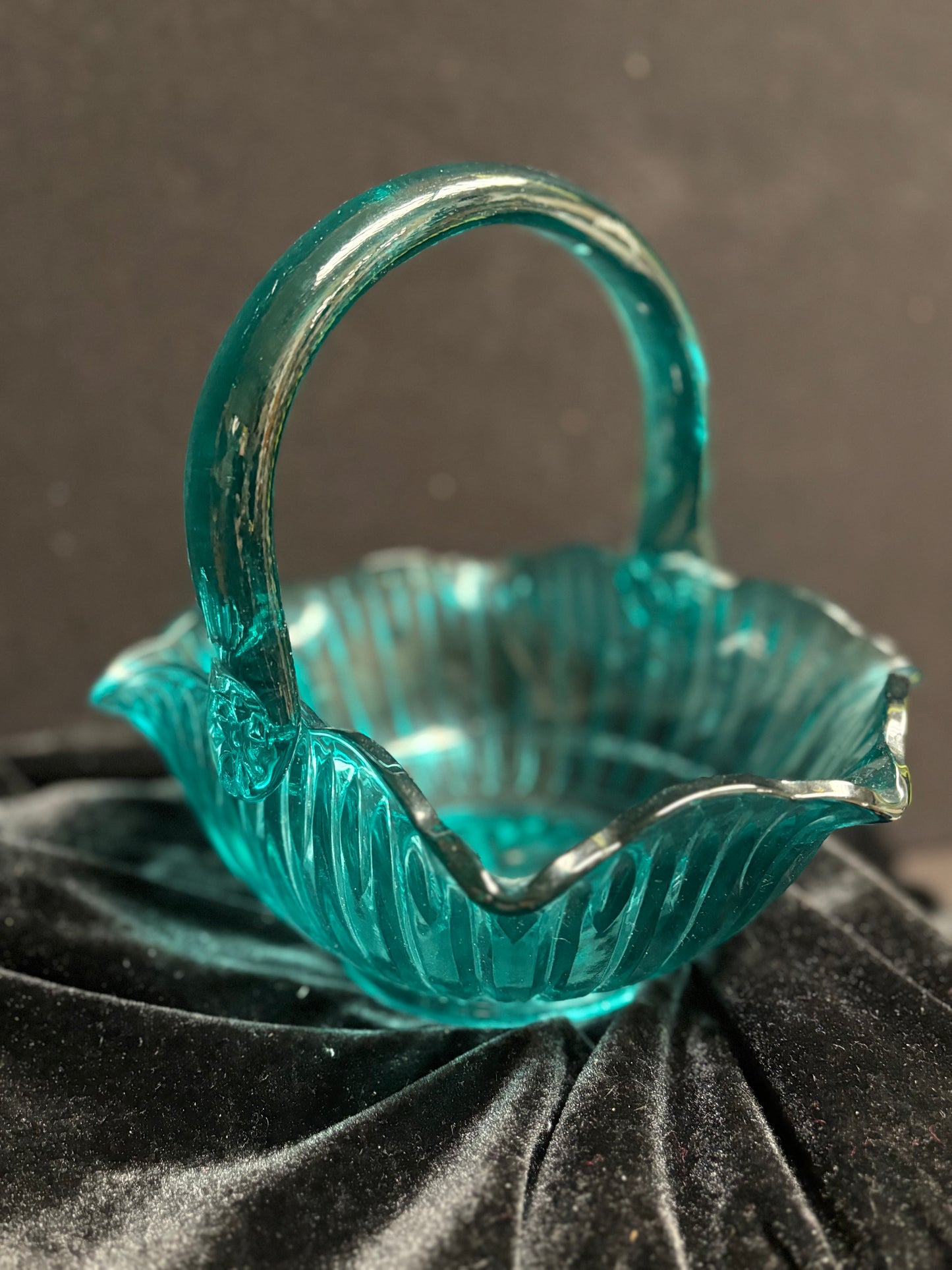 Green Glass Bowl with Glass Handle