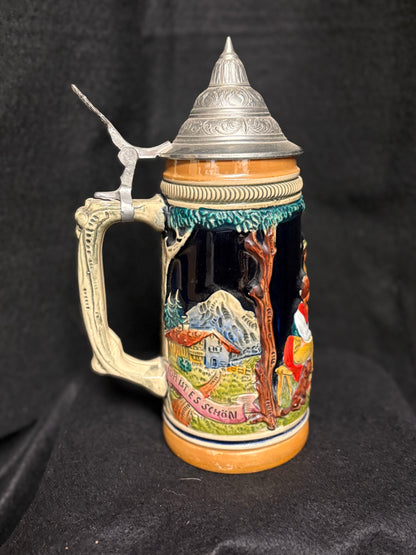 Vintage German Beer Stein with Alpine Folk Scene